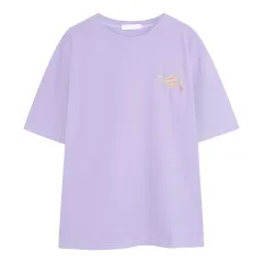 Embroidered Print Short Sleeve T-Shirt Loose Top - Purple - View 1