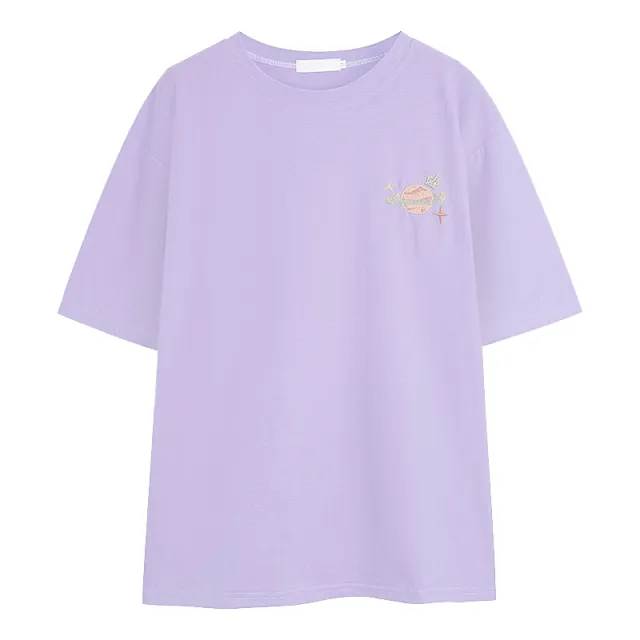 Embroidered Print Short Sleeve T Shirt Loose Top Purple - Shop at LoveMi