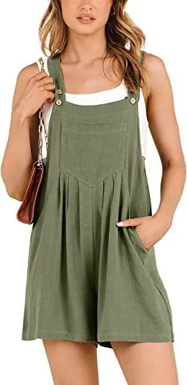 Women's Short Overalls Summer Casual Adjustable Strap Loose Short Bib Overalls Jumpsuit Rompers - Army Green