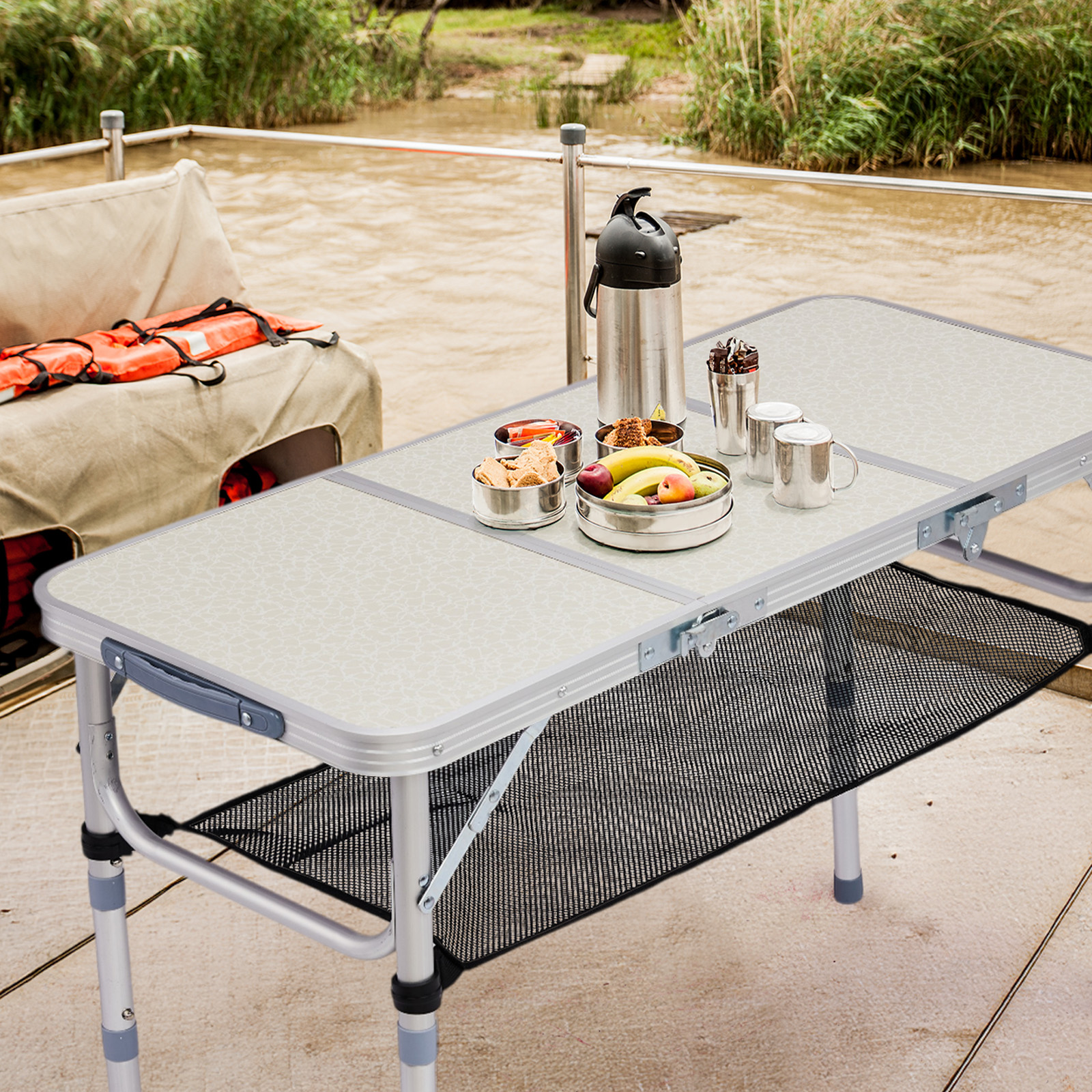 3ft Adjustable Aluminum Camping Table with Storage
