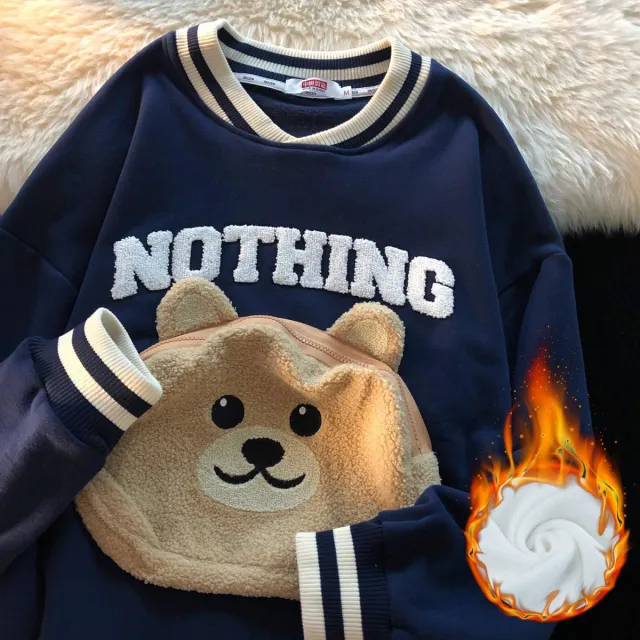 Sweet Cool Chic Pocket Bear Design Niche Top Dark Blue Plus Cashmere Model - Shop at LoveMi