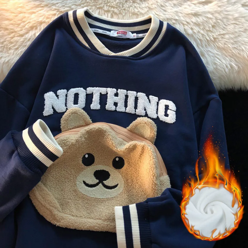 Sweet Cool Chic Pocket Bear Design Niche Top - Dark Blue Plus Cashmere Model
