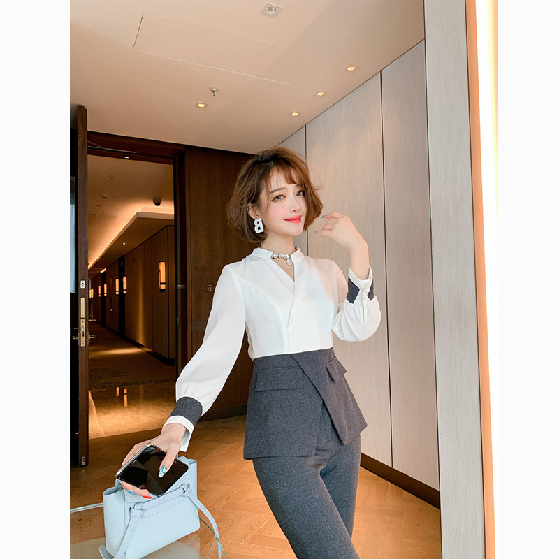 Folded Shirt Top, Straight-leg Pants Suit Women's Clothing