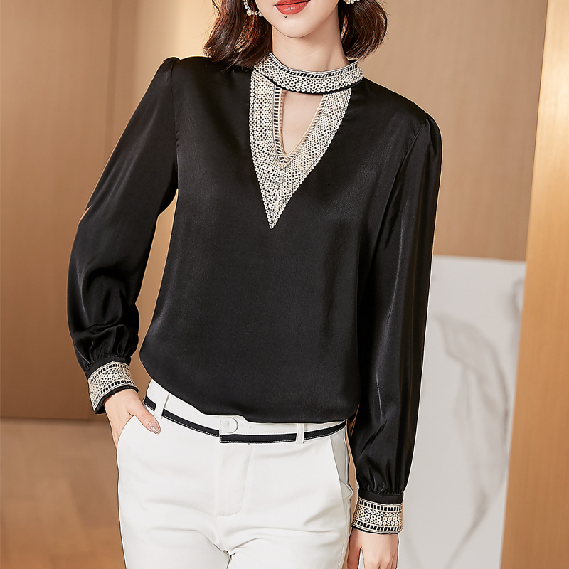 Satin V Stand-up Collar Slim Temperament All-match Embroidered Shirt