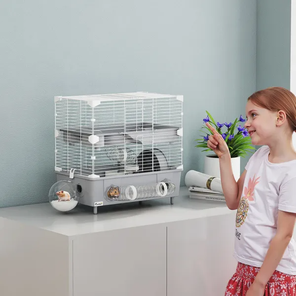 2 Tier Hamster Cage With Sand Bathroom, Running Wheel, Water Bottle Grey - Shop at LoveMi