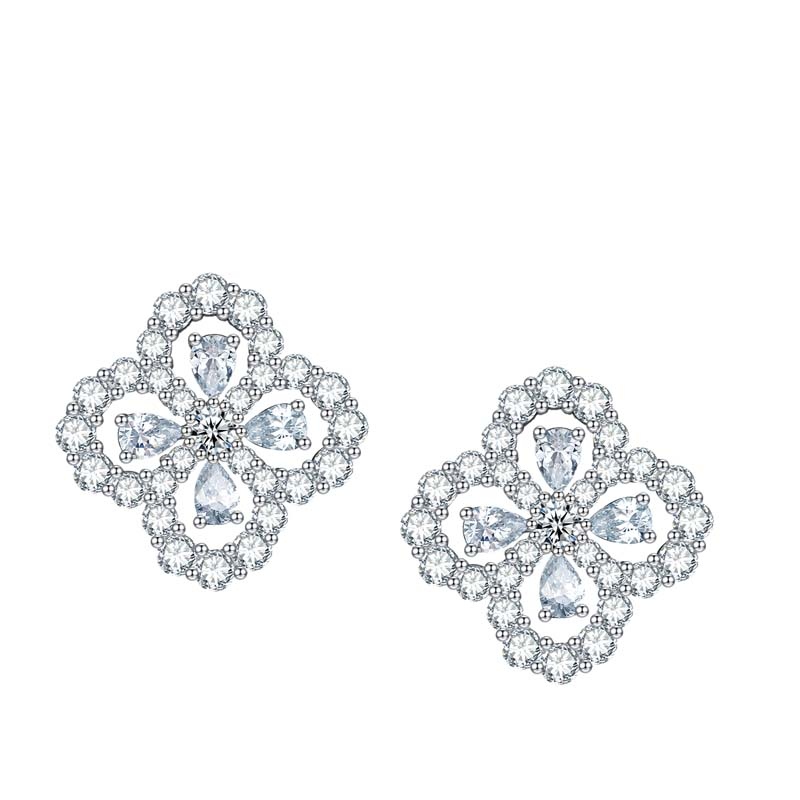 S925 Sterling Silver Moissanite Flower Stud Earrings Pear Cut Clover Design With GRA Certificate Platinum Plated Jewelry Gift Box Set For Women