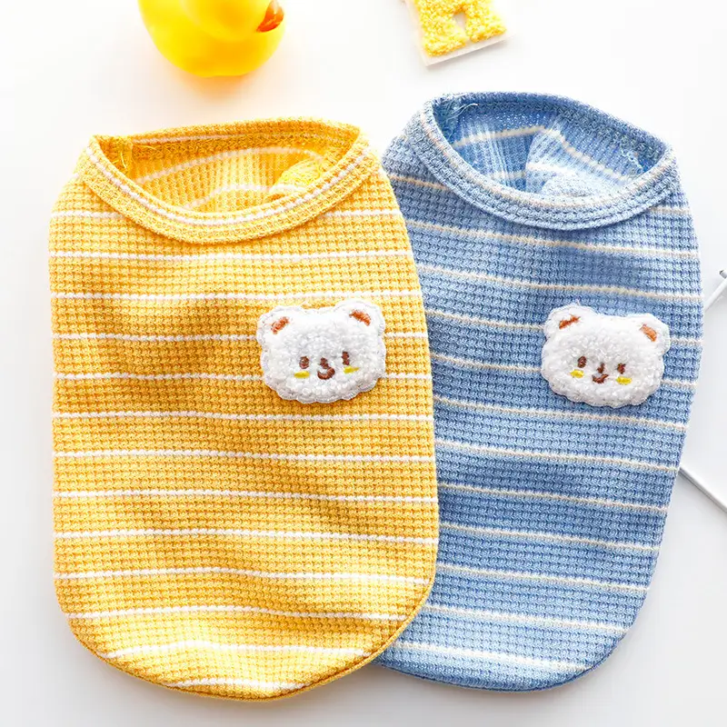 Striped Waffle Knit Dog Vest with Bear Patch