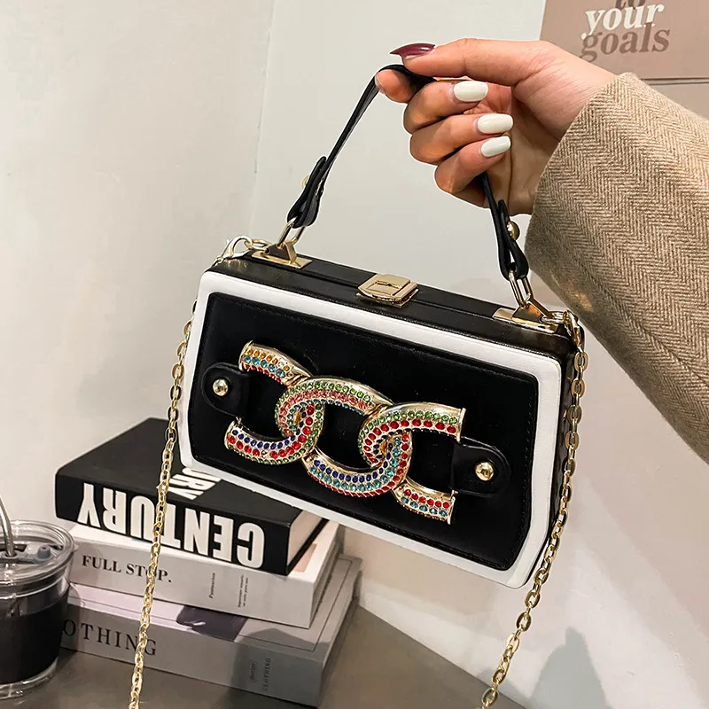Coloured Diamond Luxury Design Box Bag Messenger Shoulder Bag - Black