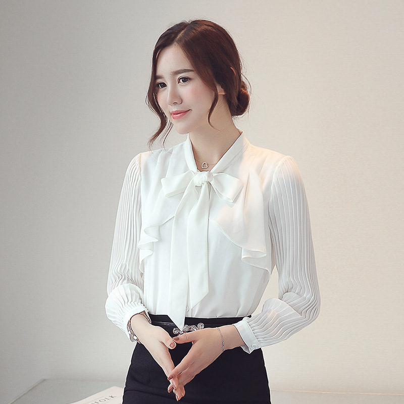 Title 6, Bowknot Chiffon Shirt Solid Color All-match