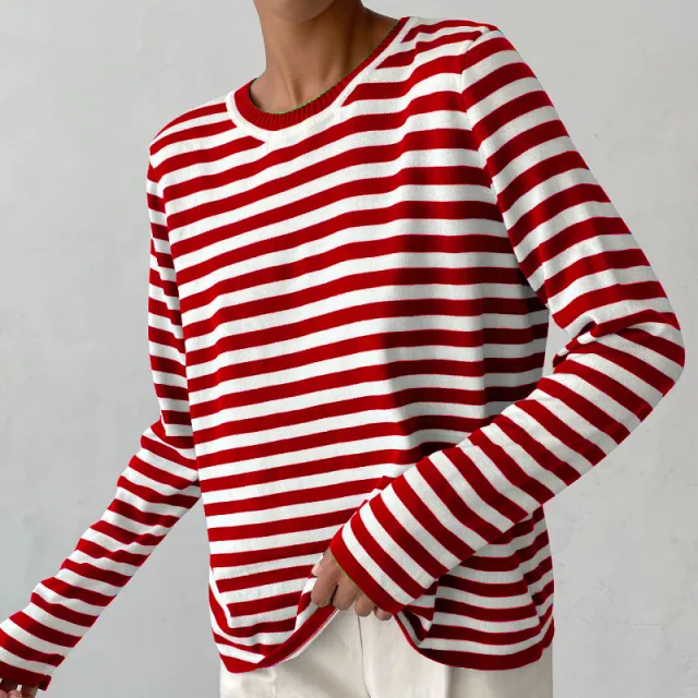 Round Neck Knitted Striped Sweater Red Stripes - Shop at LoveMi