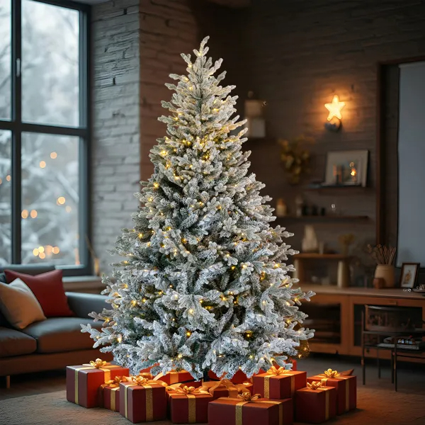 7 FT Pre-lit Snow Flocked Christmas Tree, Artificial Hinged Xmas Pine Tree With 1100 Branch Tips, 400… image 9