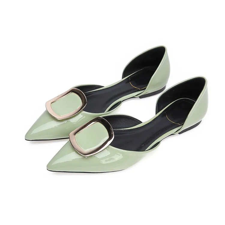Women's Pointed Toe Square Buckle Flat Shoes - Green