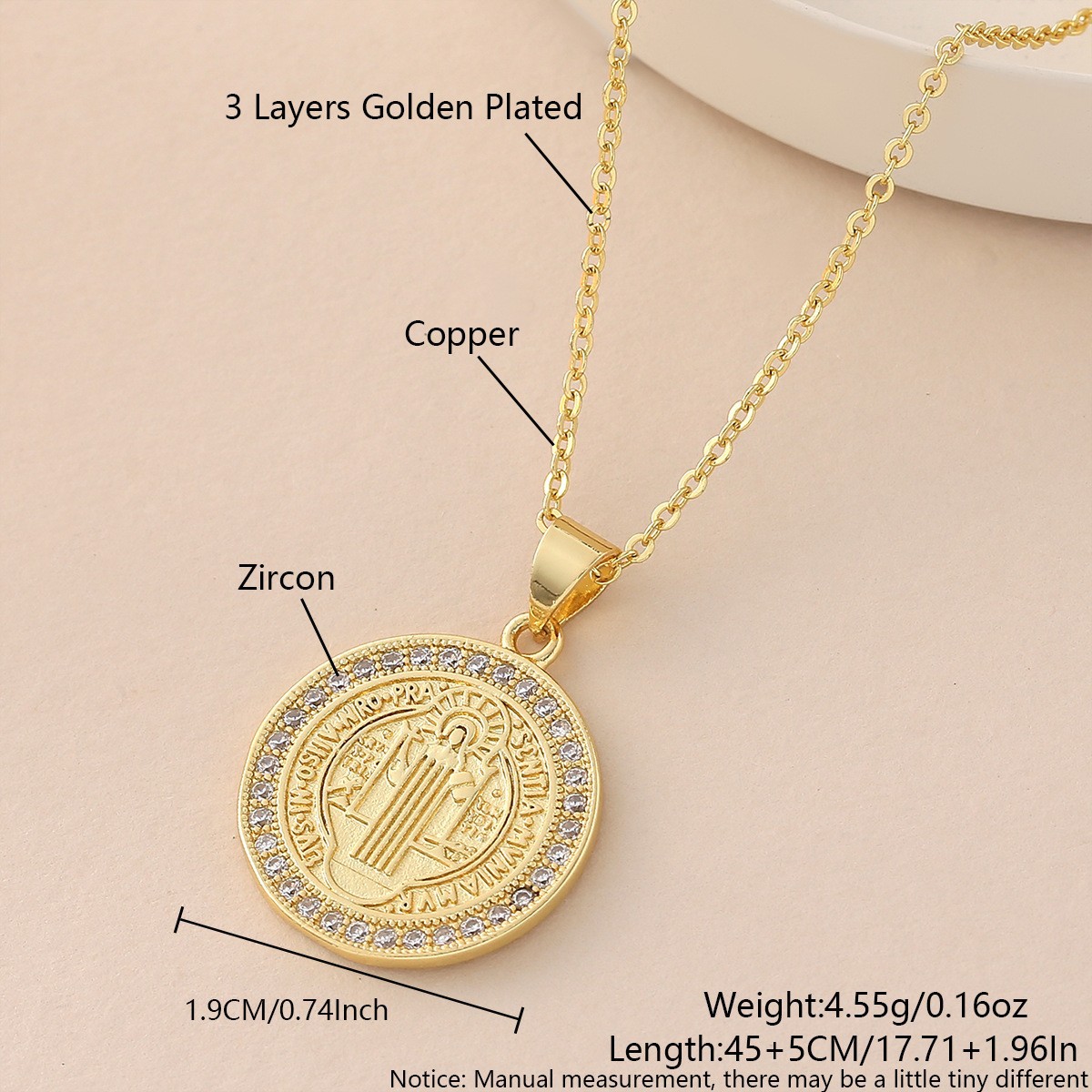 Hot Item 18K Real Gold Plated Necklace, Double-sided Madonna Crown Cross Inlaid Zircon