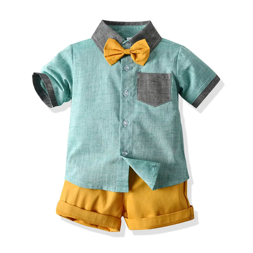 Boys' Fashion Lapel Splicing Short-sleeved Pants Set