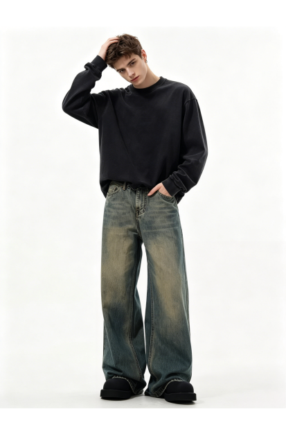 Baggy Jeans Men Vintage Grey Blue Wide Leg Denim Pants Oversized Streetwear Ready To Ship From US
