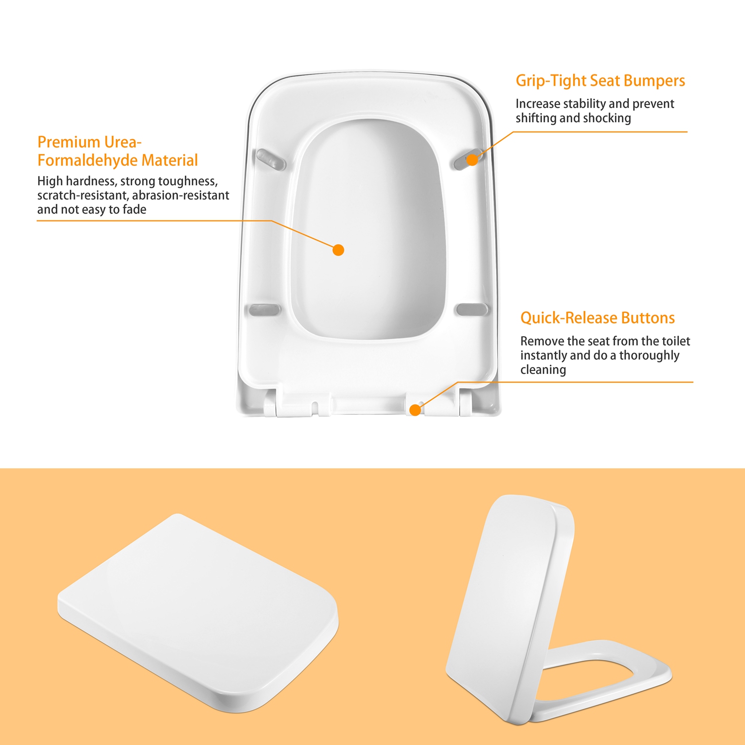 Square Toilet Seat With Grip-Tight Seat Bumpers Heavy-Duty Quiet-Close Quick-Release Easy Cleaning White