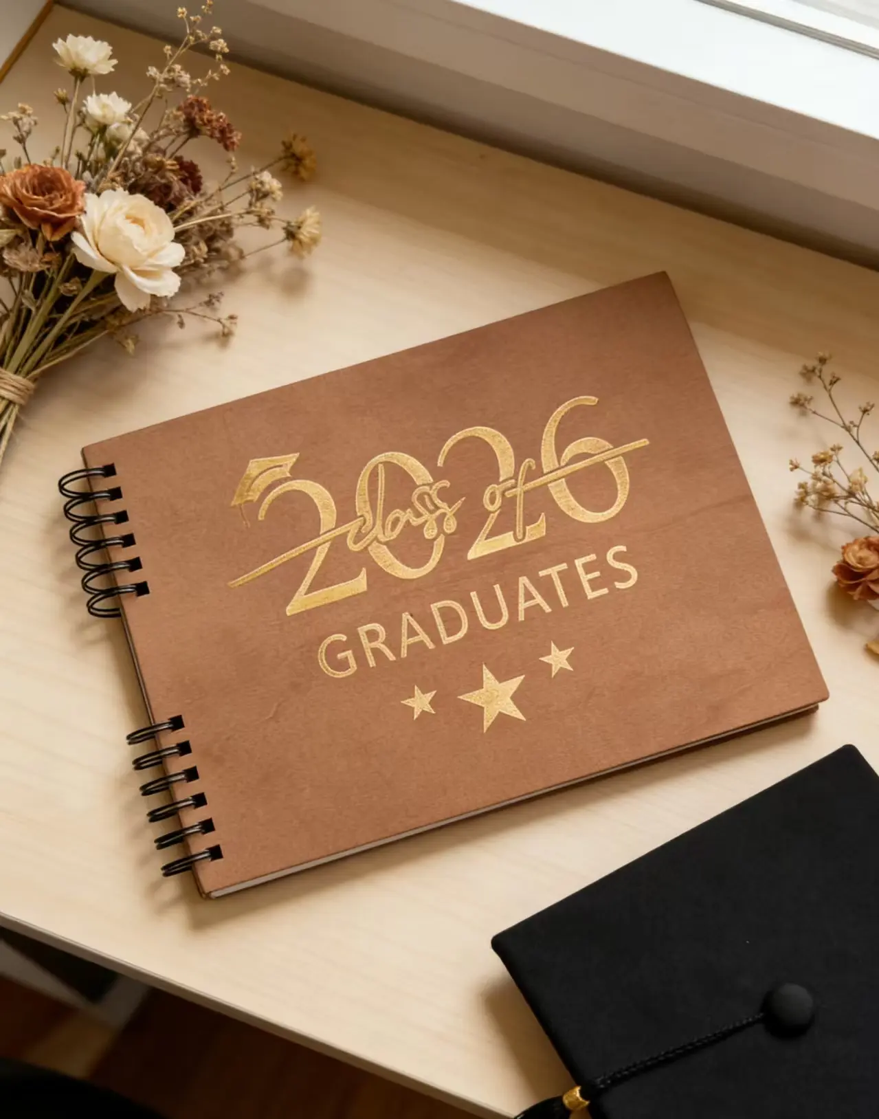 2026 Graduation Coil Notebook, Retro Wooden Cover Student Notepad