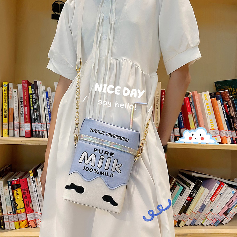 Funny Embroidery Milk Carton Laser Straw Crossbody Bag
