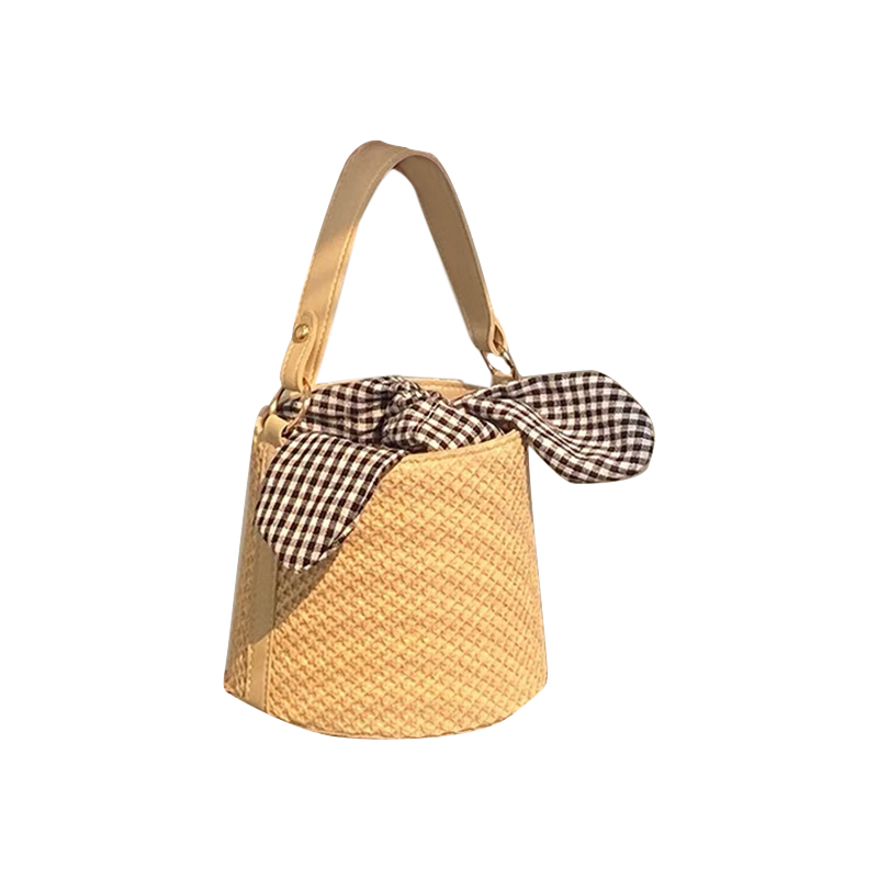 Bowknot Lattice Bucket Straw Woven Bag, All-match One-shoulder Messenger Western-style Straw Woven Handbag