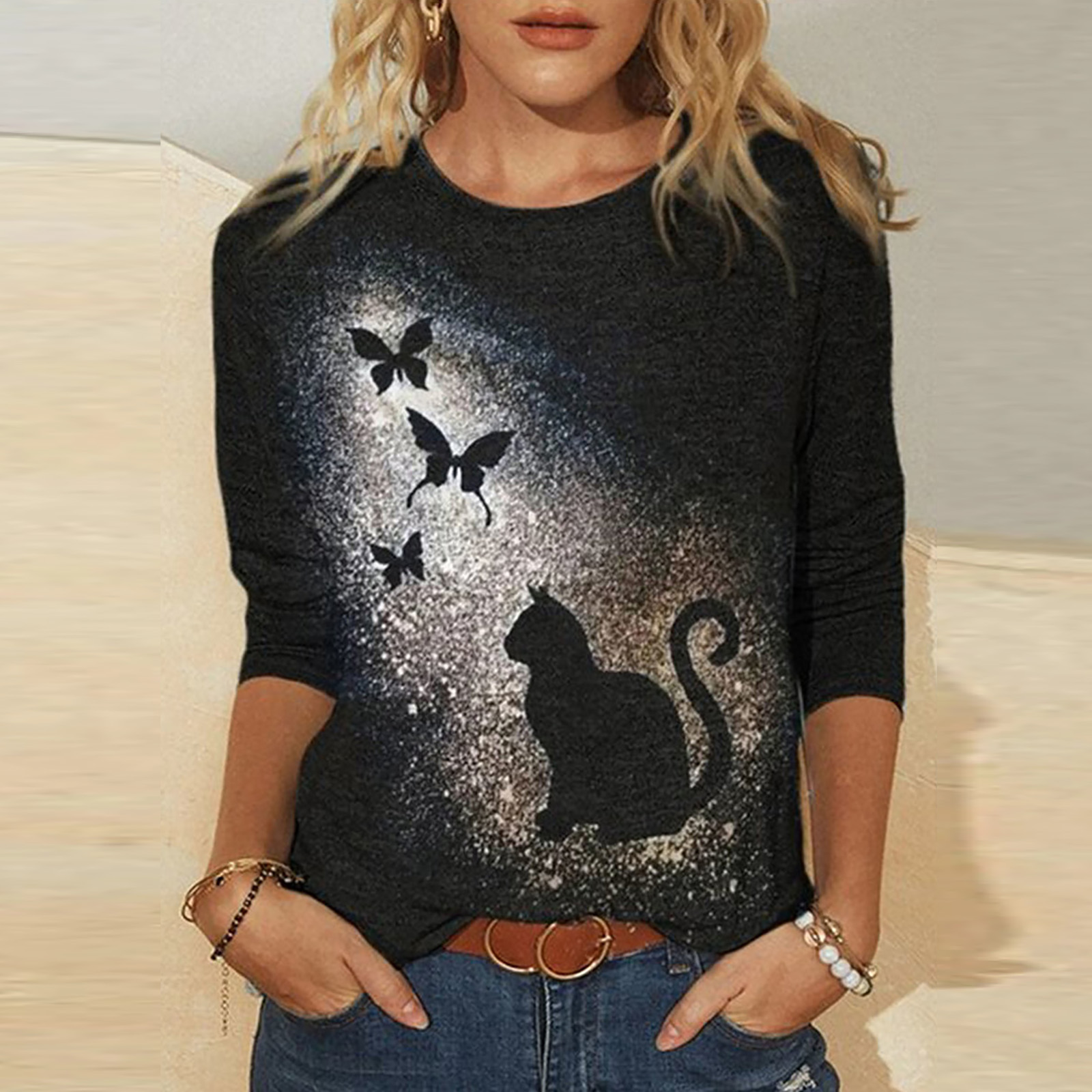 Title 3, Knitted Long Sleeve Printed Round Neck Women