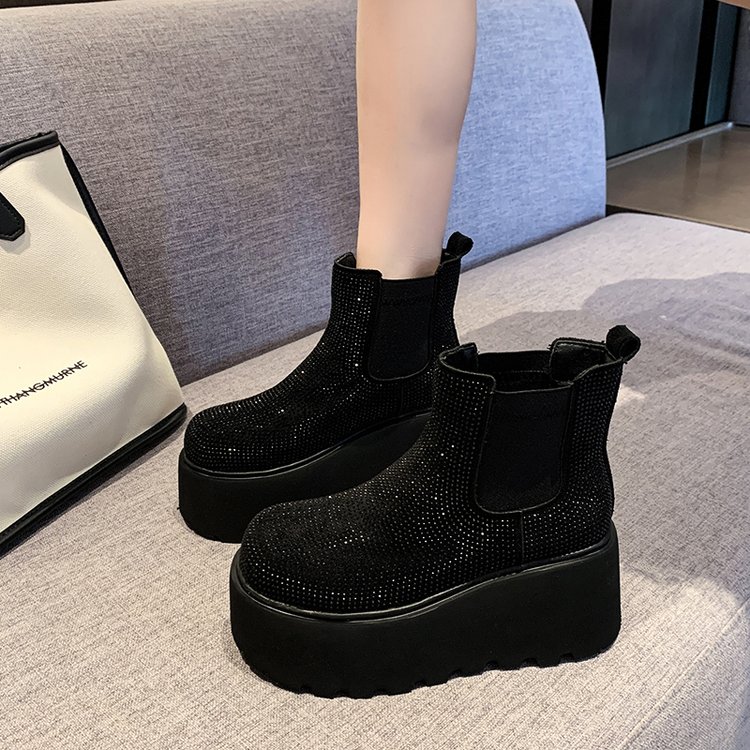 Women's Heavy Rhinestone Embellished 2025 Autumn Winter Fleece Lined Platform Height Increasing Ankle Boots, Leopard Print Martin Boots & Chelsea Boots