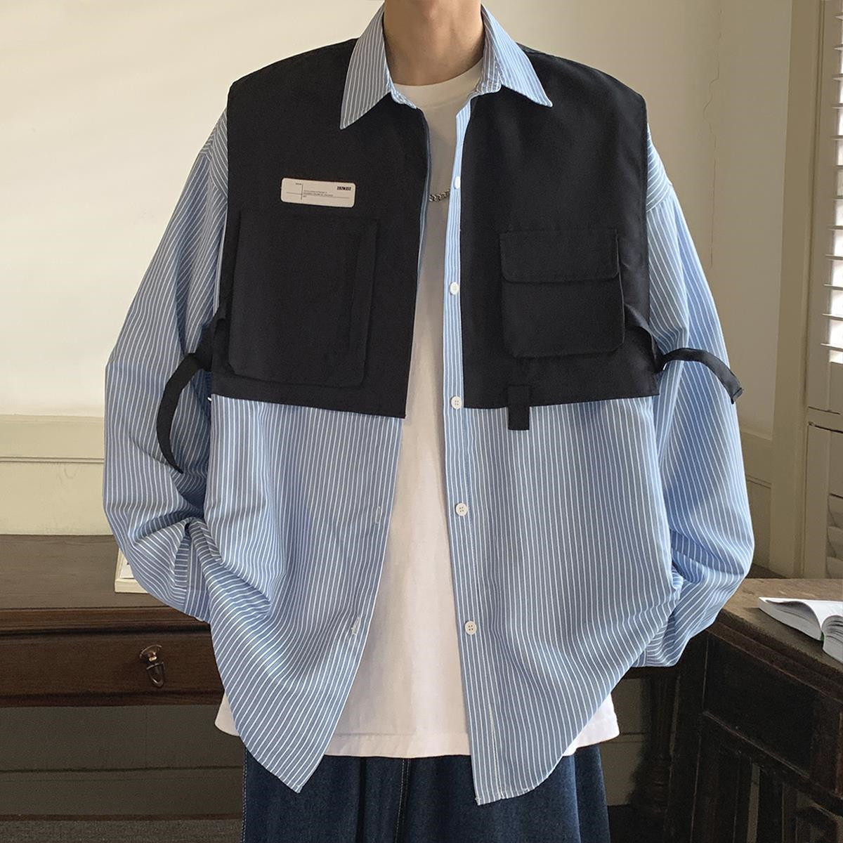 Men's Striped Fake Two Piece Workwear Long Sleeve Shirt