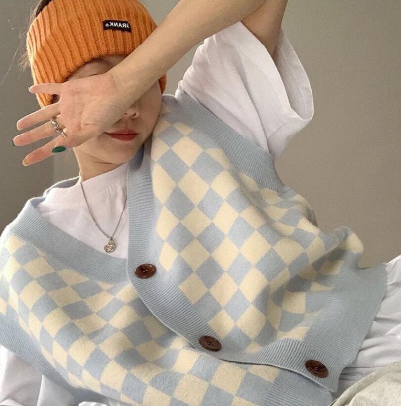 Модный женский простой клетчатый свитер-жилет