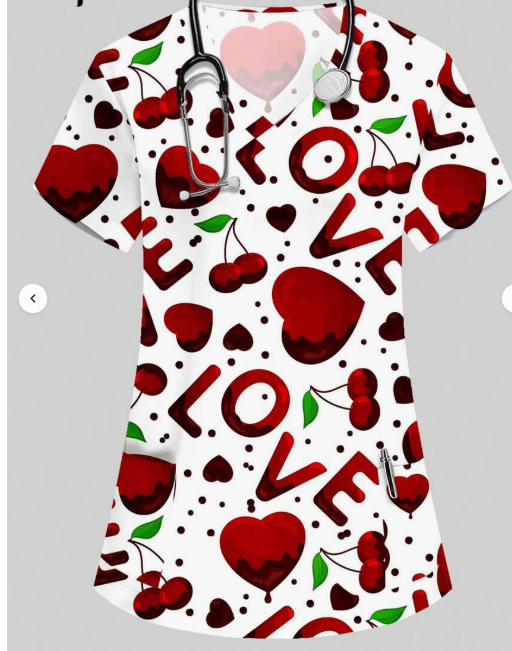 Plus Size Women’s V-Neck Scrub Top – Colorful Print Short Sleeve Stretch Shirt