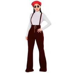 High Waist Big Round Button Zipper Flared Leg Suspenders - Red - View 1