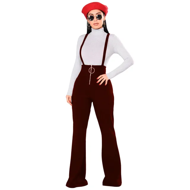 High Waist Big Round Button Zipper Flared Leg Suspenders Red - Shop at LoveMi