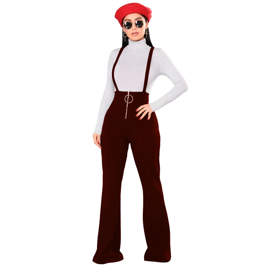 High Waist Big Round Button Zipper Flared Leg Suspenders - Red