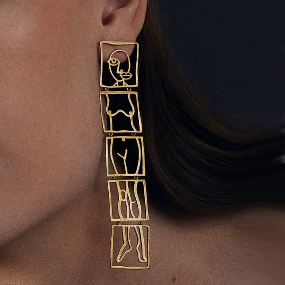 European And American Fashion Popular Rectangular Hollow Humanoid Earrings Personality All-match Long Earrings