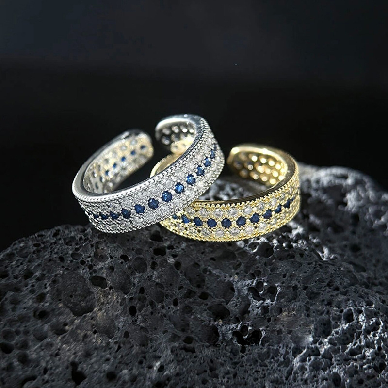 Vintage Silver-Plated Full Pave Crown Open Ring, Old Money Luxury High-End Band