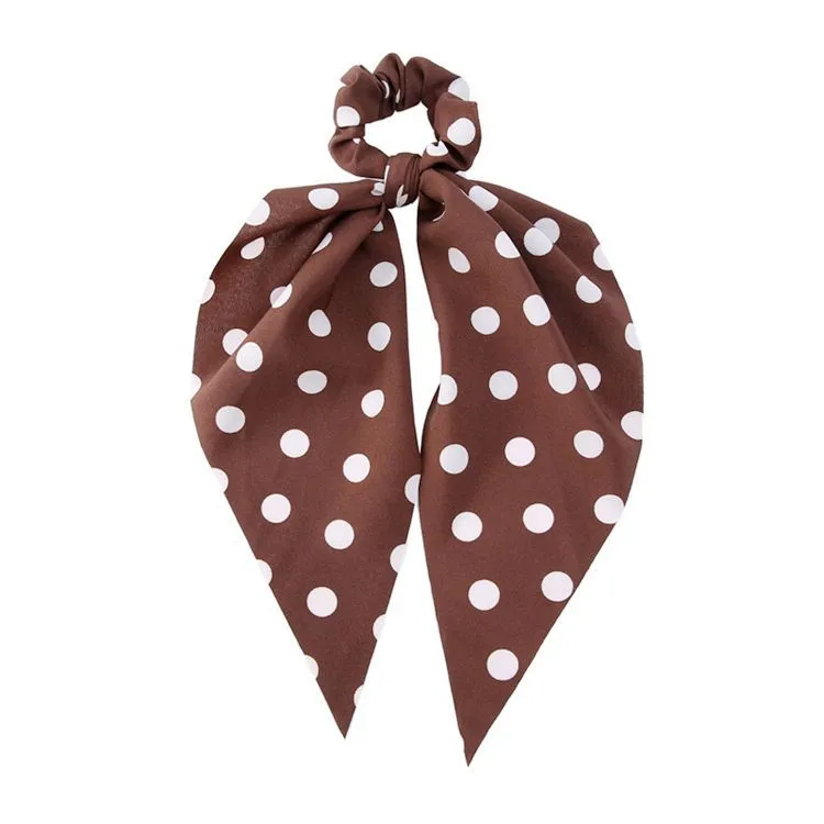 Ribbon Long Fringed Large Intestine Hair Tie - Dot Coffee B