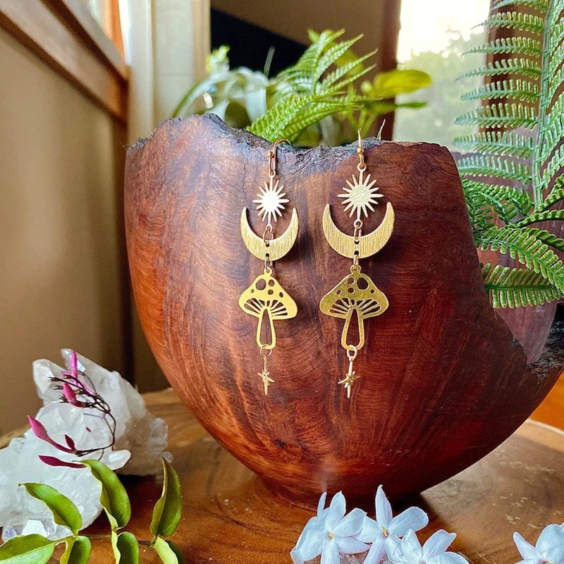 Creative Mushroom Pendant Necklace Star Moon Sun Earrings