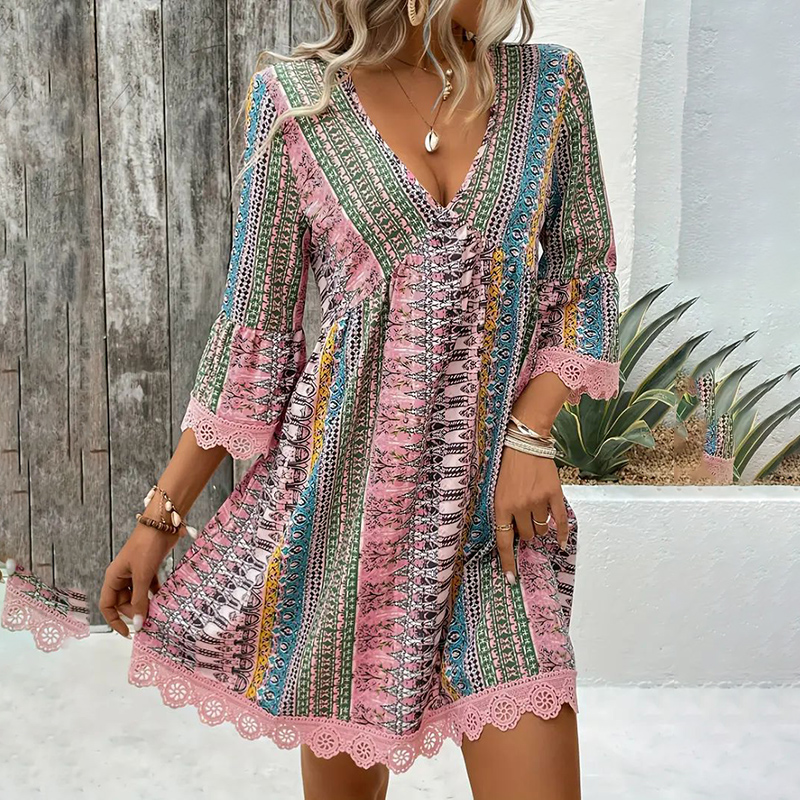Women's Boho Print Mini Dress V Neck 3 4 Sleeve Flowy Casual Summer Beach Sundress Floral2 - Shop at LoveMi