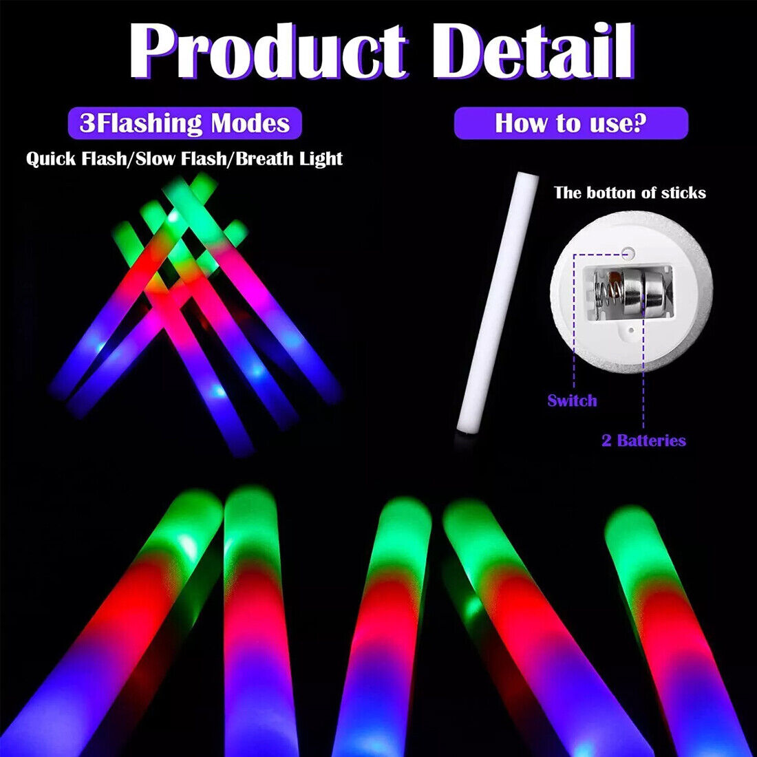30Pcs LED Foam Stick Flashing MultiColor Glow In Dark White Batons Light Concert 5