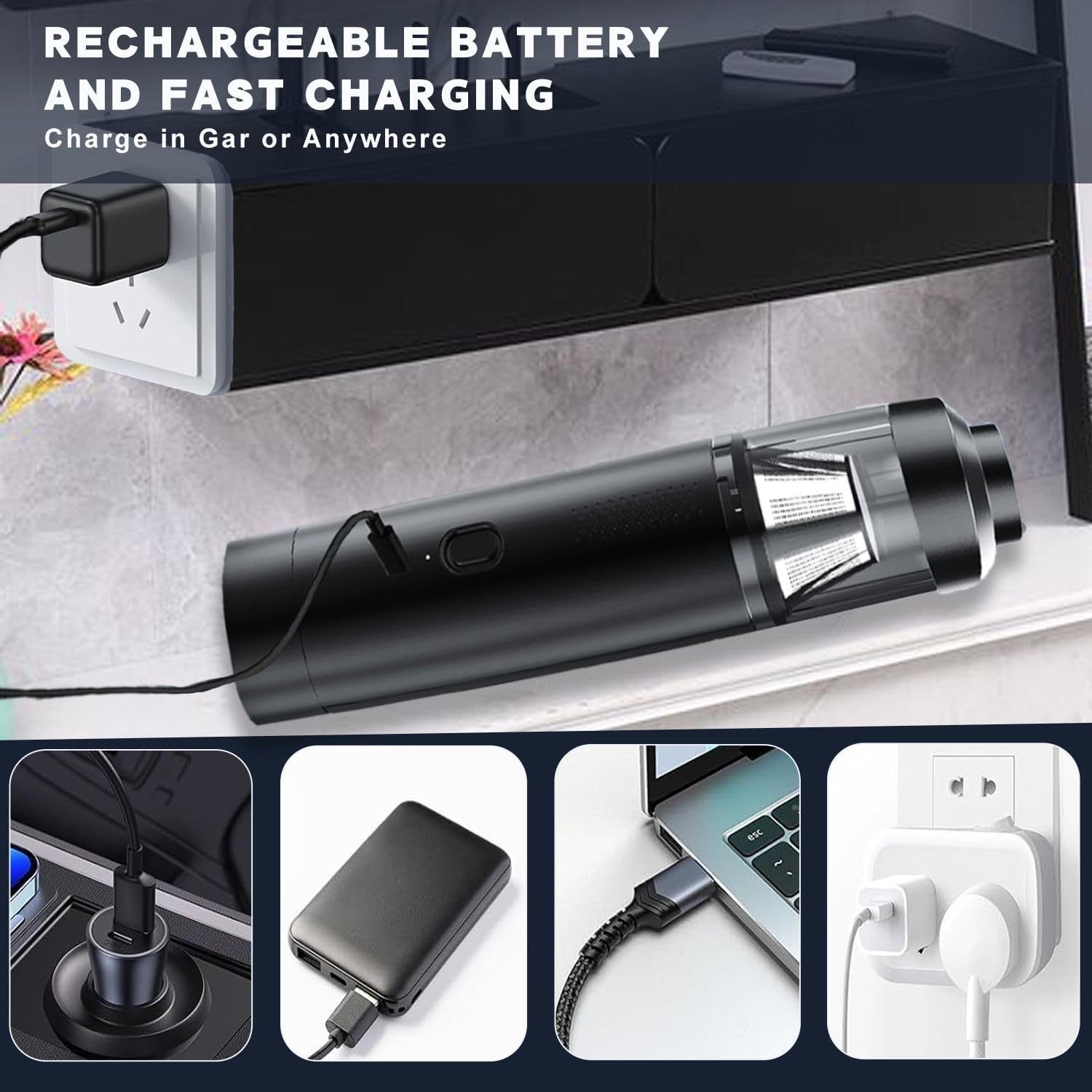 Brushless Car Vacuum Cleaner, 15000Pa, Cordless, 2 Speeds, Type-C Fast Charging, Handheld Car Home Portable Handheld Vacuum Cleaner