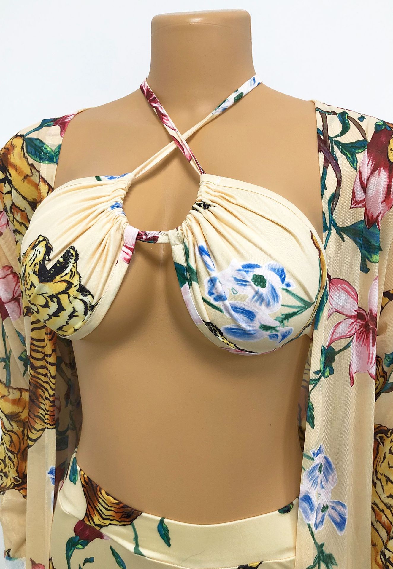 Sexy Women Three-Piece Mesh See-Through Shawl Long Coat