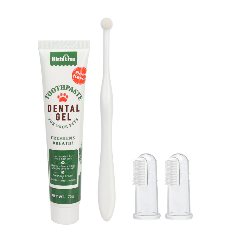 Pet Oral Hygiene Kit with Brushes, Toothpaste, and Flavors including a dual-sided toothbrush, long handle design, soft bristles, fingerbrush, and poultry-flavored toothpaste.