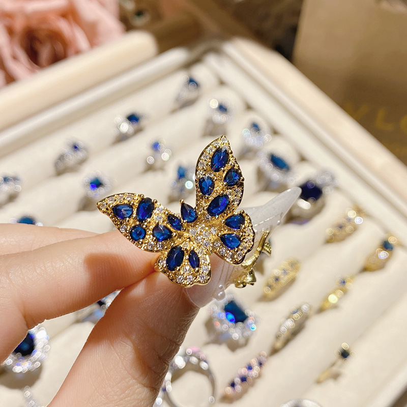 Designer Camellia Blue Sapphire Ring Vintage French Elegant Style, Adjustable Size