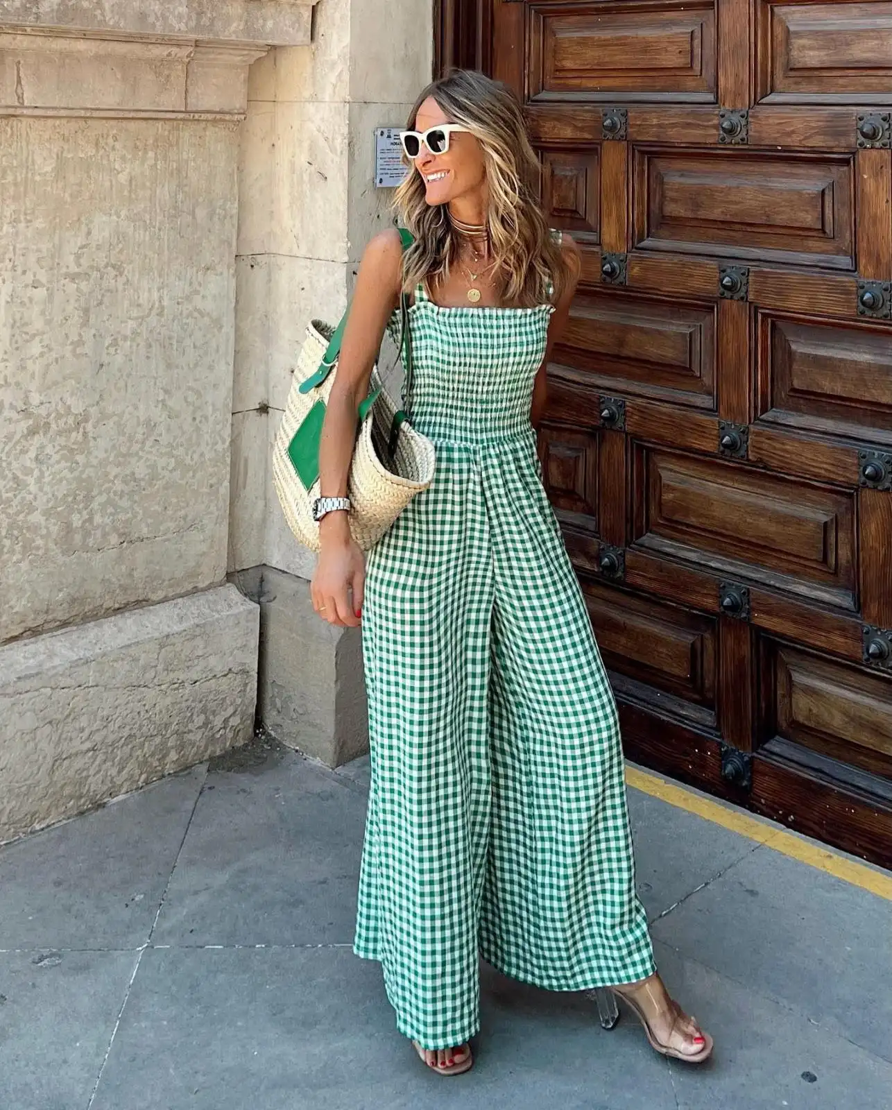 Summer Elegant Women's Trousers Plaid Jumpsuit Mid-waist Casual Pants