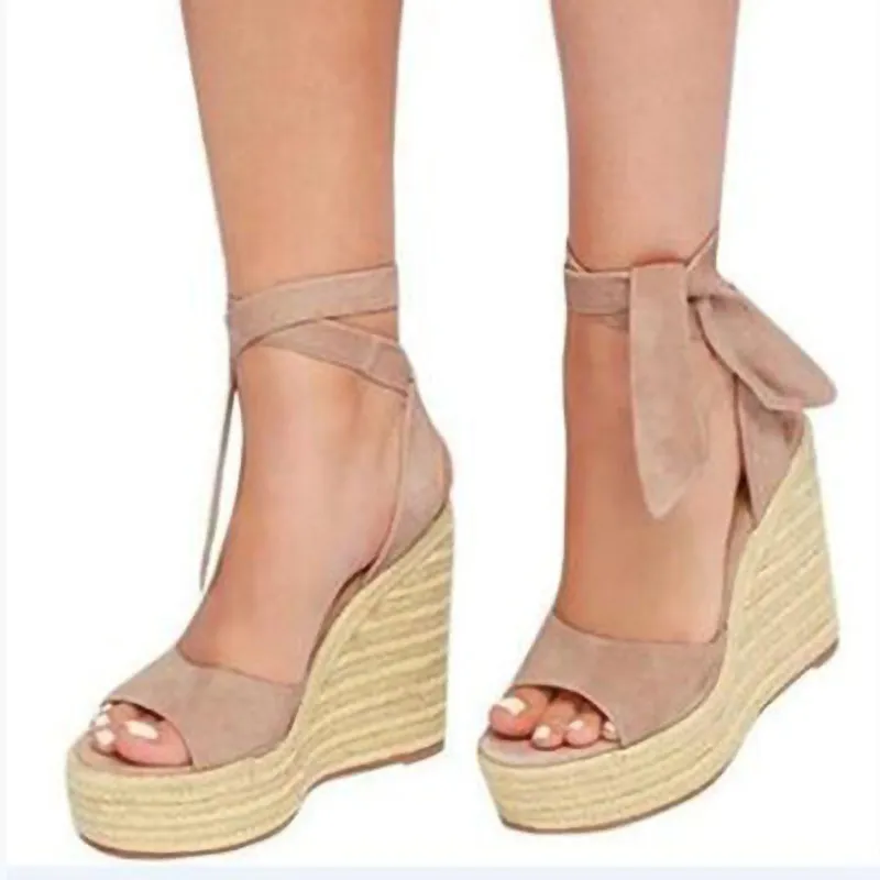 Wedge Heel Foreign Trade Plus Size Fashion Lace-up Women's Shoes Sandals - Apricot