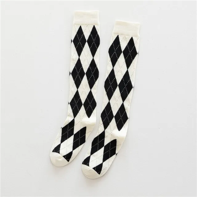 Trendy Cool Calf Socks Female Retro Street Black And White Calf Black And White Diamond G - Shop at LoveMi