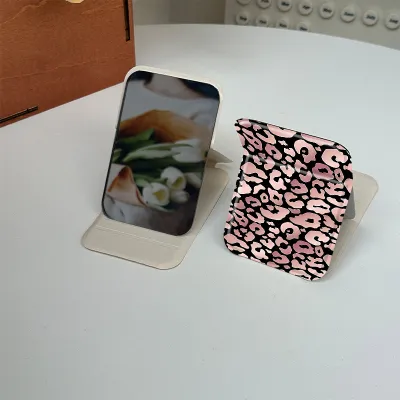 Leopard Print Folding Compact Mirror, Portable PU Leather Pocket Makeup Mirror, Foldable Stand Cosmetic Mirror For Travel Gift Wholesale Custom