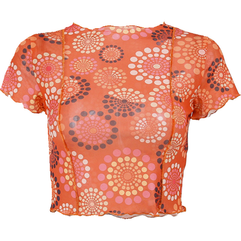 Round Neck Tulle Printed Short Sleeve