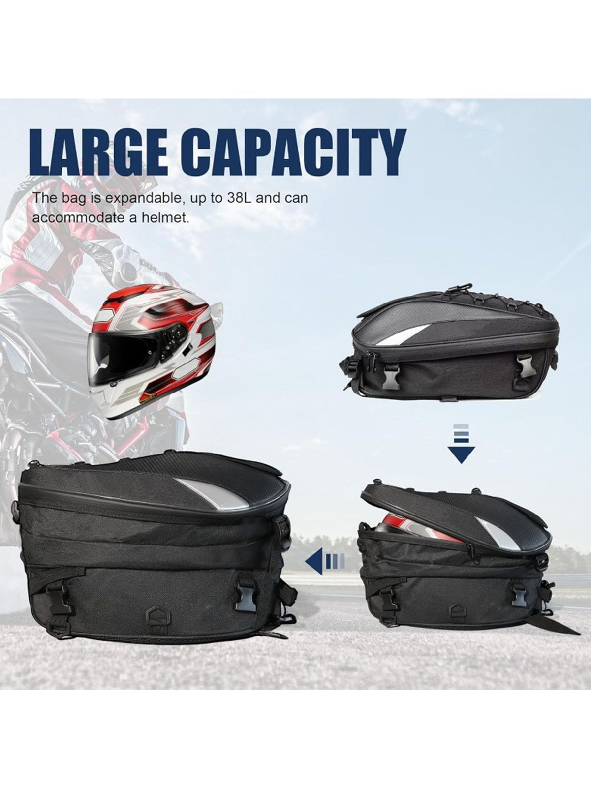 Sac arrière de siège arrière de moto, sac à dos de rangement pour casque de moto – Image 3