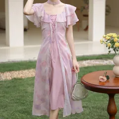 Waistband Tea Break Elegant Luxury Dress - Pink - View 1