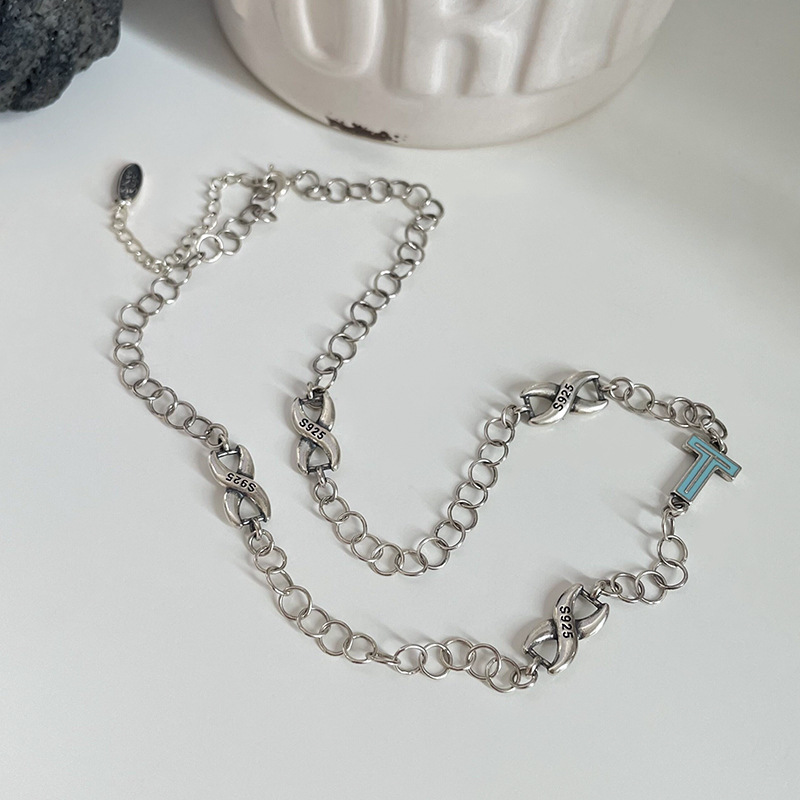 S925 Sterling Silver Epoxy English Letter T Retro Heavy Industry Necklace