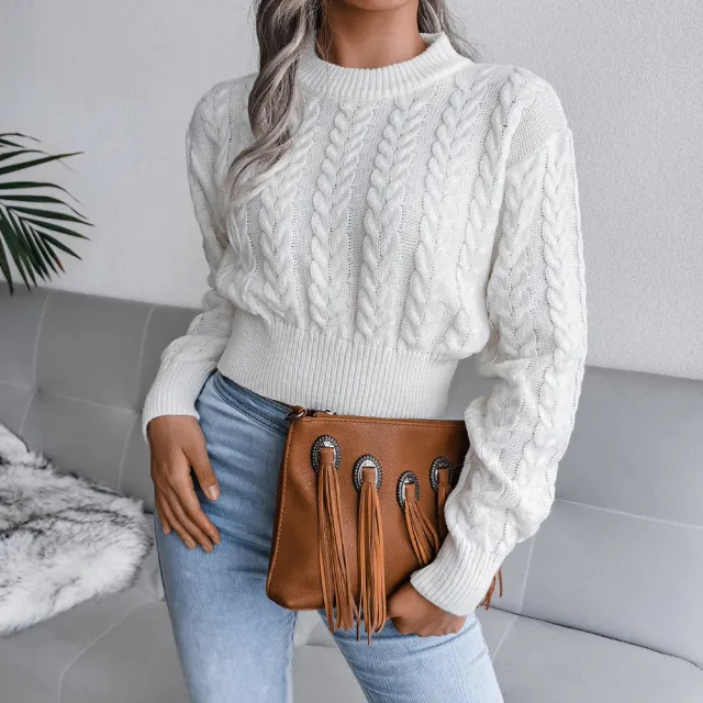 Cable Knit Waist Cinched Cropped Sweater White - Shop at LoveMi